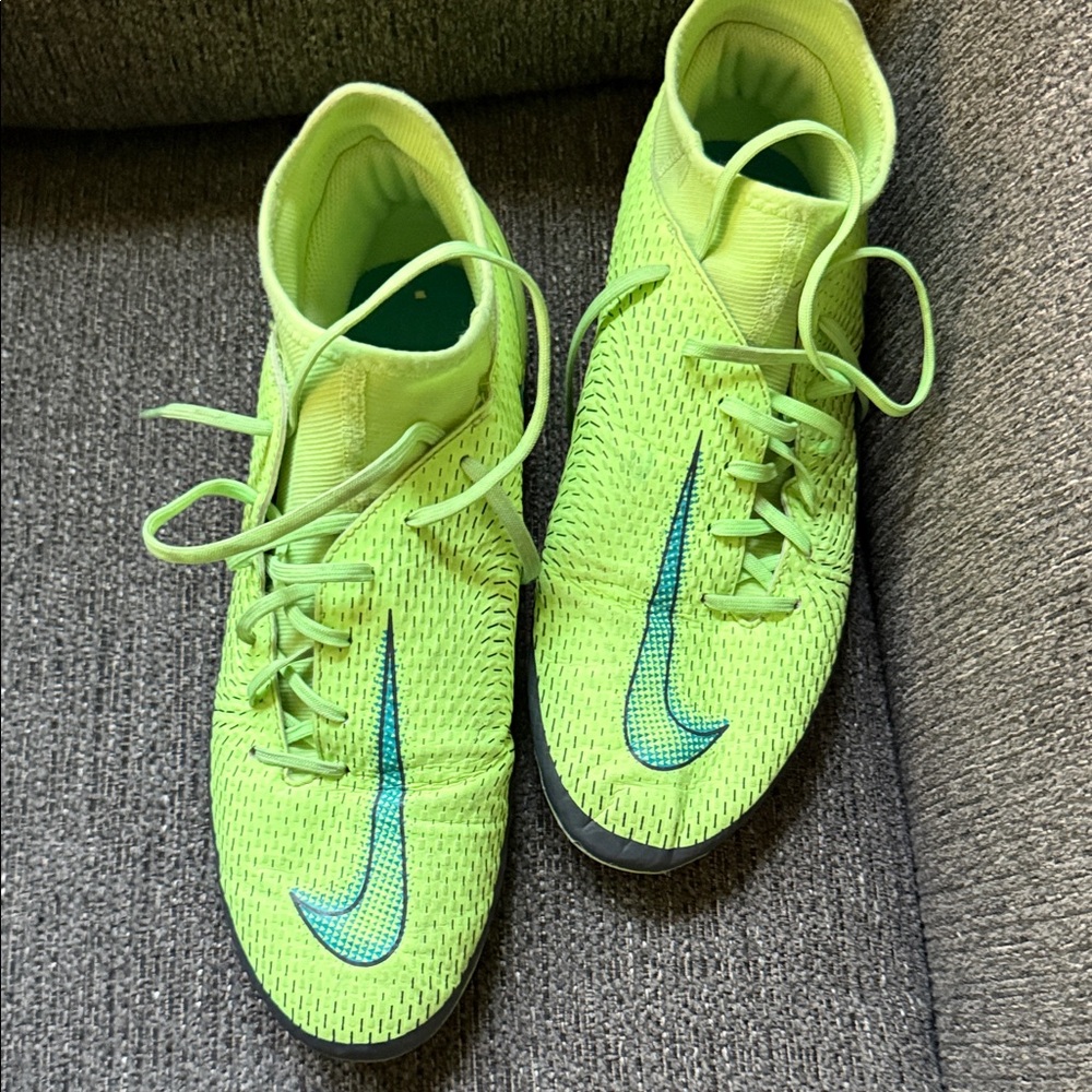Nike Lime Green Soccer Shoes with Blue Swoosh